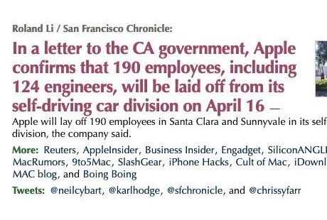 蘋果無人駕駛業務收縮，拿 124 個工程師祭天！